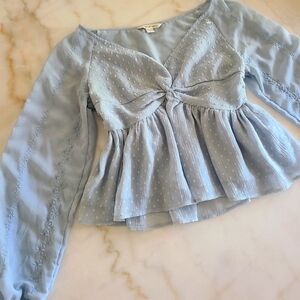 American Eagle Blue Embroidered Twist Front Blouse Top